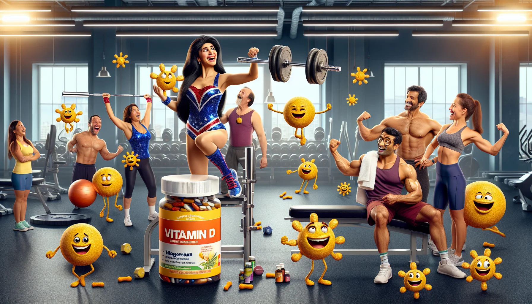 Imagine a humorous scenario set in a gym, presenting vitamin D, magnesium, and turmeric supplements in a light-hearted way. Picture a female South Asian weightlifter in the middle of the enthusiasm, balancing a barbell on her shoulder, covered in a sparkle of sweat. On one side of the gym, there is a table with vitamin D supplements dressed in flashy workout attire, personified with happy faces and stability balls at their feet. On the other side, amused gym-goers, a Middle Eastern man and a Caucasian woman, laugh as humorous turmeric and magnesium supplements flex their muscles and show off their strength. The entire gym scene shines with a healthy aura, subtly implying the connection between these supplements and sports performance.