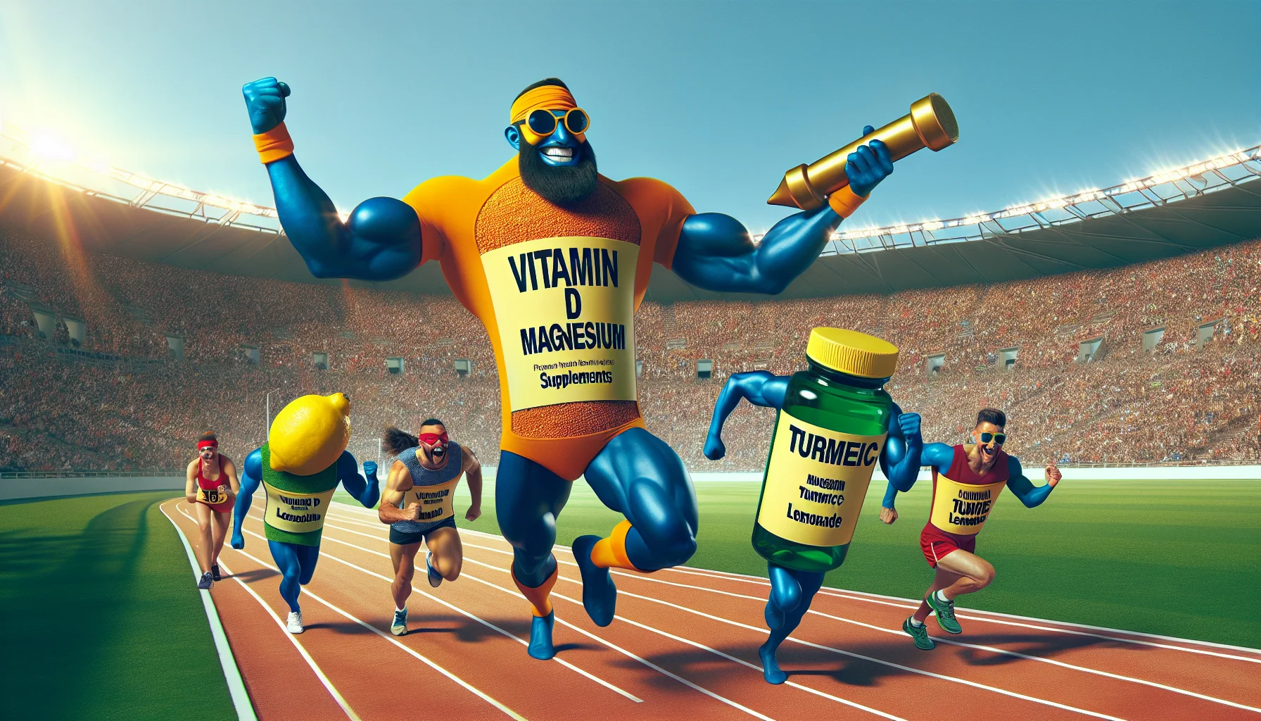 Create a humorous, realistic scene with the theme of promoting sports supplements. In this image, the key aspects include a creative depiction of 'Vitamin D Magnesium Turmeric Lemonade'. It could envision a mid-action scene where fitness enthusiasts are participating in an outdoor race. It's no ordinary race, though. The competitors are not humans, but rather giant embodies of 'Vitamin D', 'Magnesium', 'Turmeric', and 'Lemon'. They're humorously depicted like cartoonish superheroes, each radiating with the power of their respective supplements, and engaging in some amusing antics. The backdrop is a sunny outdoor sports stadium packed with cheering, diverse supporters of various descents and gender which further adds to the upbeat, fun vibe of the scenario. This playful metaphor makes the concept of using sports supplements exciting and appealing.