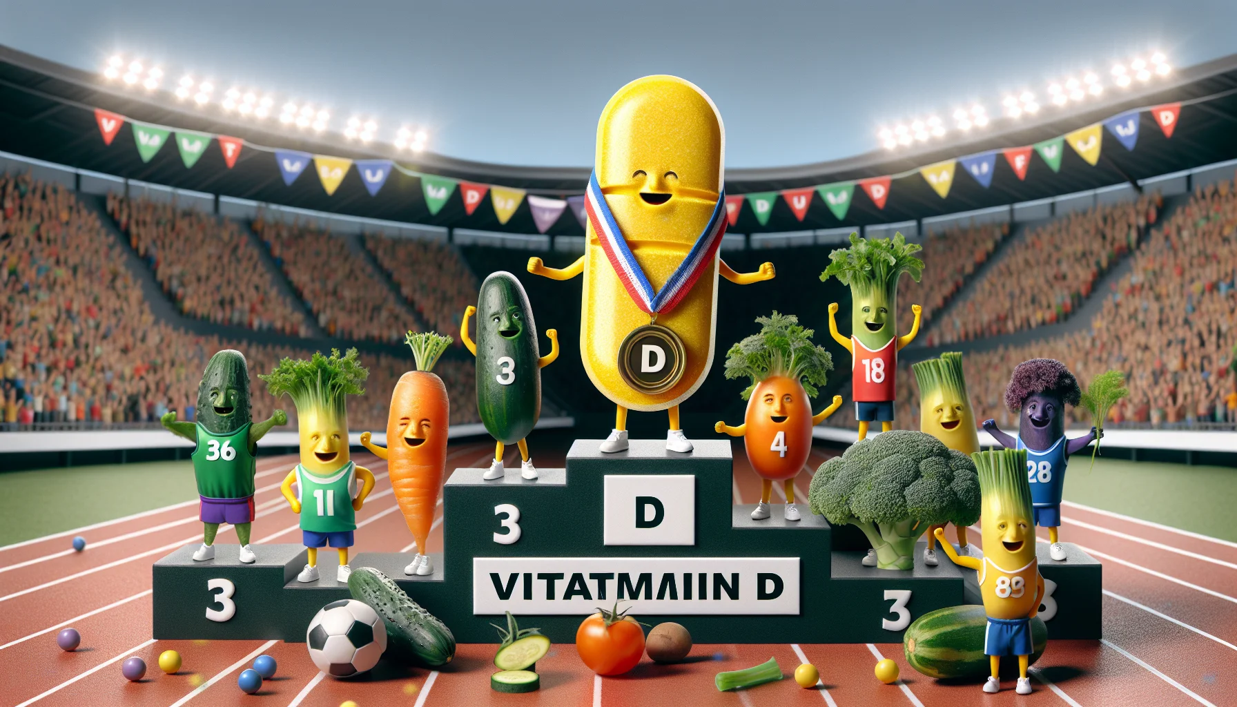 Create an image that presents Wellements Vitamin D in a lighthearted and humorous context, aimed at encouraging individuals to consider nutritional supplements for their athletic activities. Picture this: A sports stadium filled with vegetables donning miniature athletic apparel, engaged in various sports activities. Among this group, there's a radiant sunshine-yellow Vitamin D pill proudly wearing a number 'D' jersey, standing atop a winner's podium with a medal around its 'neck'. The vegetables, symbolic of different sports players, are applauding and the background contains banners encouraging the use of supplements for enhanced sports performance.